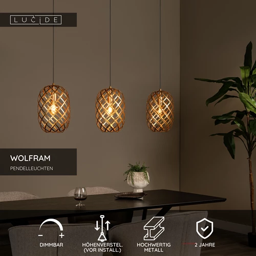 Lucide WOLFRAM - Pendelleuchten - 3xE27 - Mattes Gold / Messing - USP